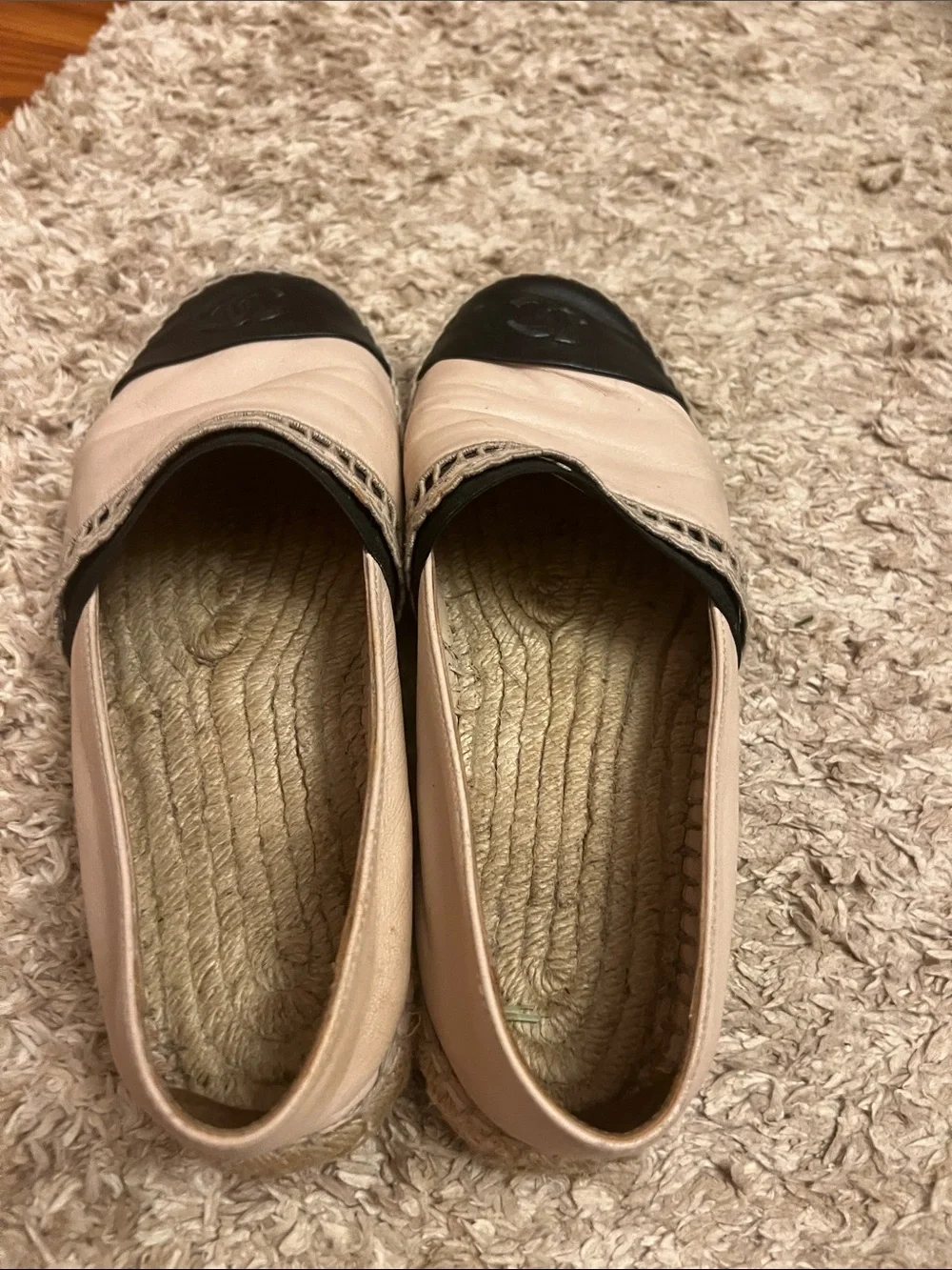 CHANEL Two-Tone Leather Espadrilles in Cream and Black with Lace Trim